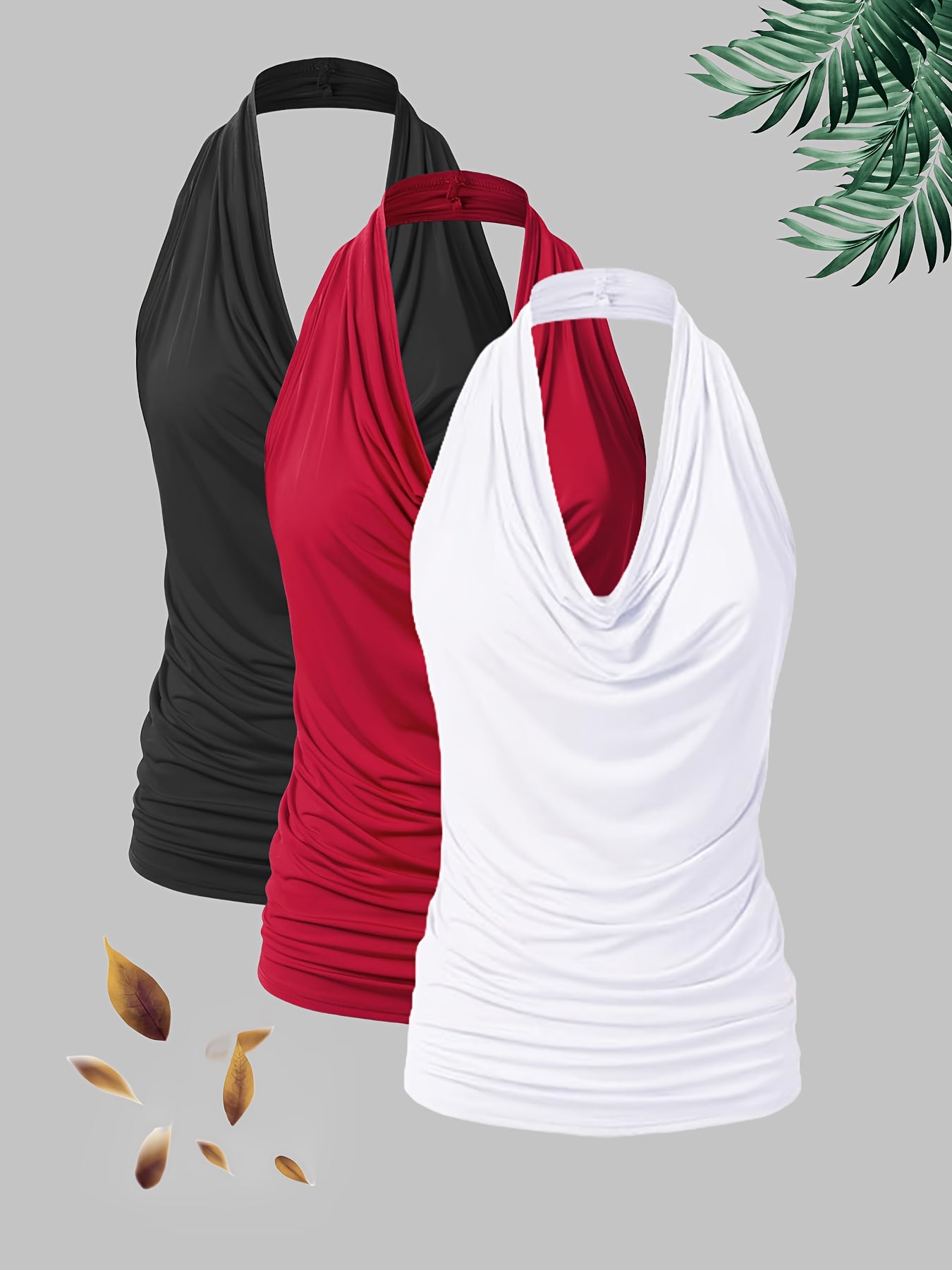 [Lightweight Polyester Halter Neck] 3-Pack Women's Fashion Halter Neck Tanks - Lightweight 210g/m² Polyester Vests - Casual Solid Color Knit 95% Polyester 5% Elastane, Spring/Summer/Fall Collection