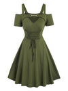 Women's Cold Shoulder Chain Linked Lace Up Dress - Elegant Short Sleeve Swing Dress - For Spring & Summer - Perfect for Casual & Party Occasions - Gift for Women