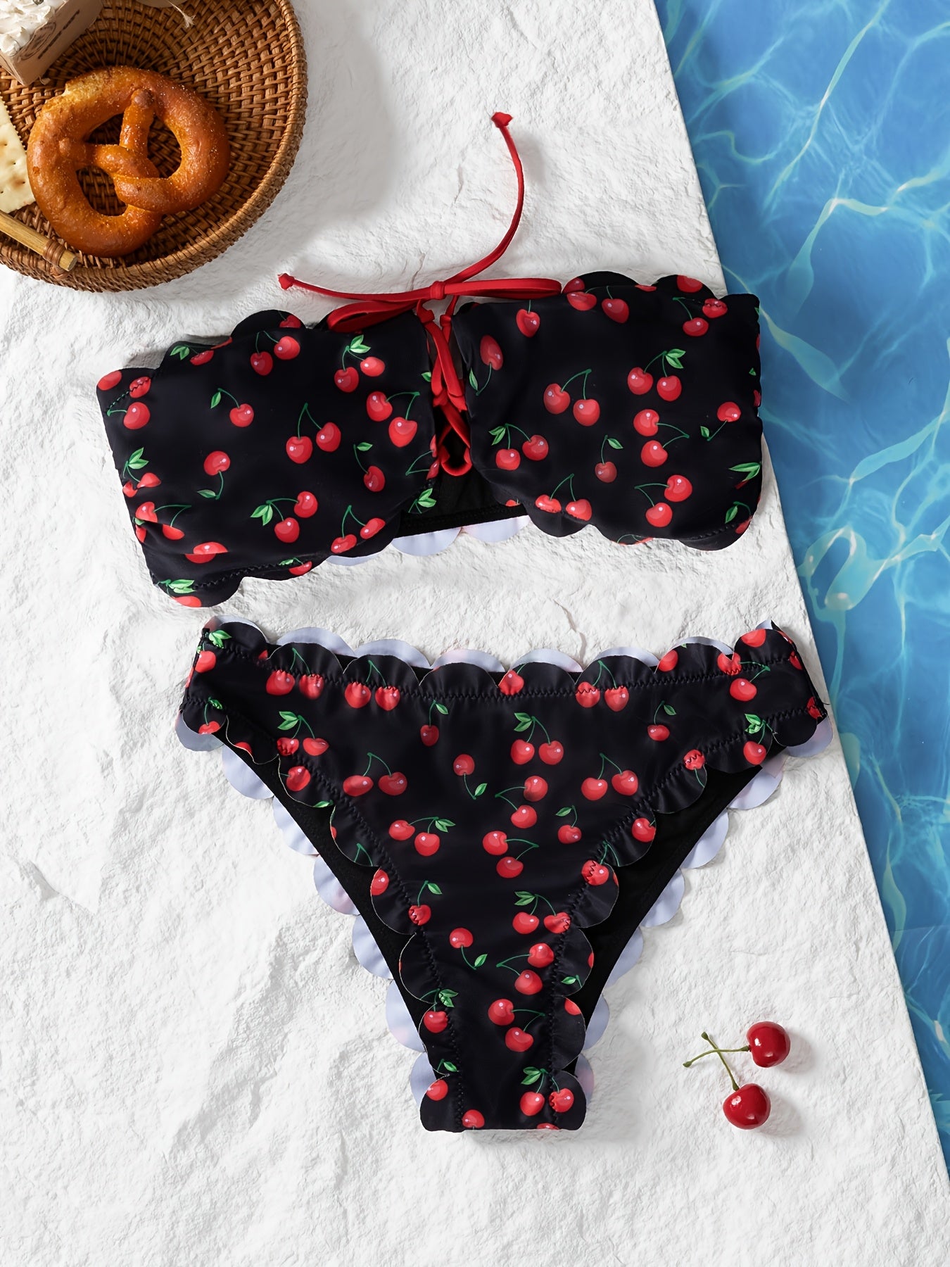 Women'S Sexy Strapless Bikini Set, High Stretch Polyester Fabric with Lace-up Detail, Fruit Pattern Swimwear, 85% Polyester 15% Elastane