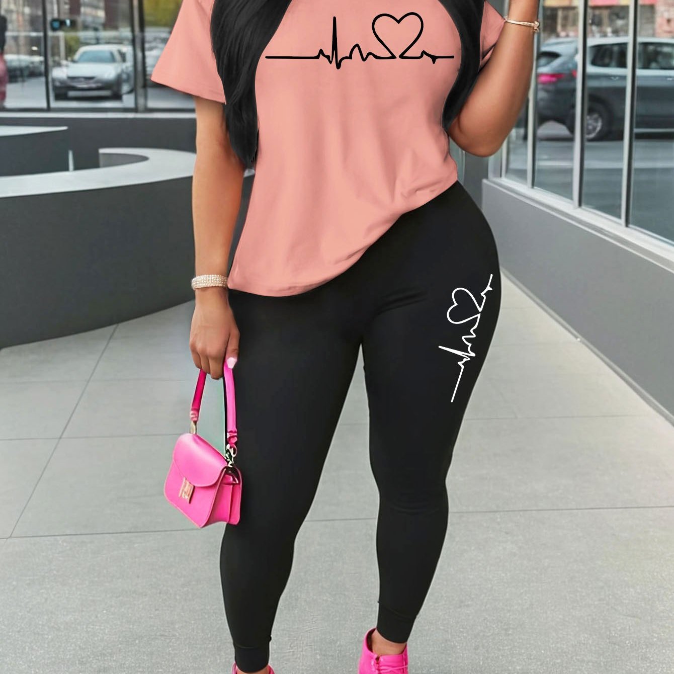 Women'S Love Heart Print Two-Piece Set, Casual Crew Neck Short Sleeve T-Shirt and Knit Polyester Leggings, All-Season Comfort, 96% Polyester 4% Spandex, 180gsm - Red