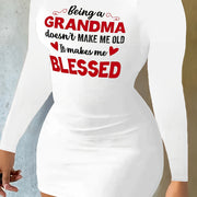 [Family Gathering] Chic 'Being a Grandma Makes Me Blessed' Printed Bodycon Dress - Stretchy & Comfortable, White with Red Text, Round Neck, Long Sleeves - Perfect for Fall/Winter, Machine Washable - Women's Fashion