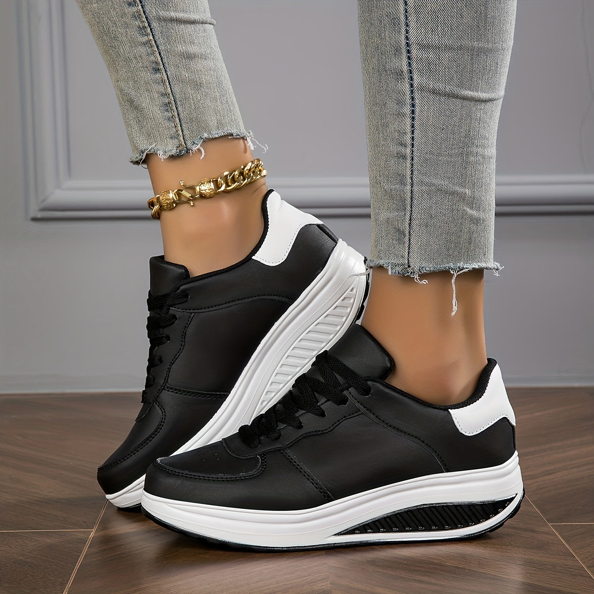 Women's Fashionable Rocker Sneakers - Breathable, Non-Slip Thick Sole Casual Shoes in Brown with White Sole Accents, Lace-Up Low Tops, Stain-Resistant, All-Season Wear