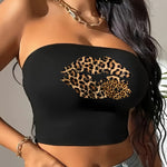 Women's Black Leopard Print Lip Graphic Tube Top - Casual All-Season Comfort, Y2K Style, Strapless Crop Top with Bold Kiss Mark Design, Polyester Blend, Machine Washable, Casual Wear Top | Y2K Fashion | Stretchy Fabric