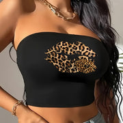 Women's Black Leopard Print Lip Graphic Tube Top - Casual All-Season Comfort, Y2K Style, Strapless Crop Top with Bold Kiss Mark Design, Polyester Blend, Machine Washable, Casual Wear Top | Y2K Fashion | Stretchy Fabric