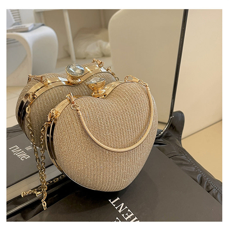 Ladies Fashion Shining Chain Crossbody Bag, Elegant Shoulder Heart Shaped, Metal Embellished, Black, with Buckle Closure, for Party, Wedding, Date