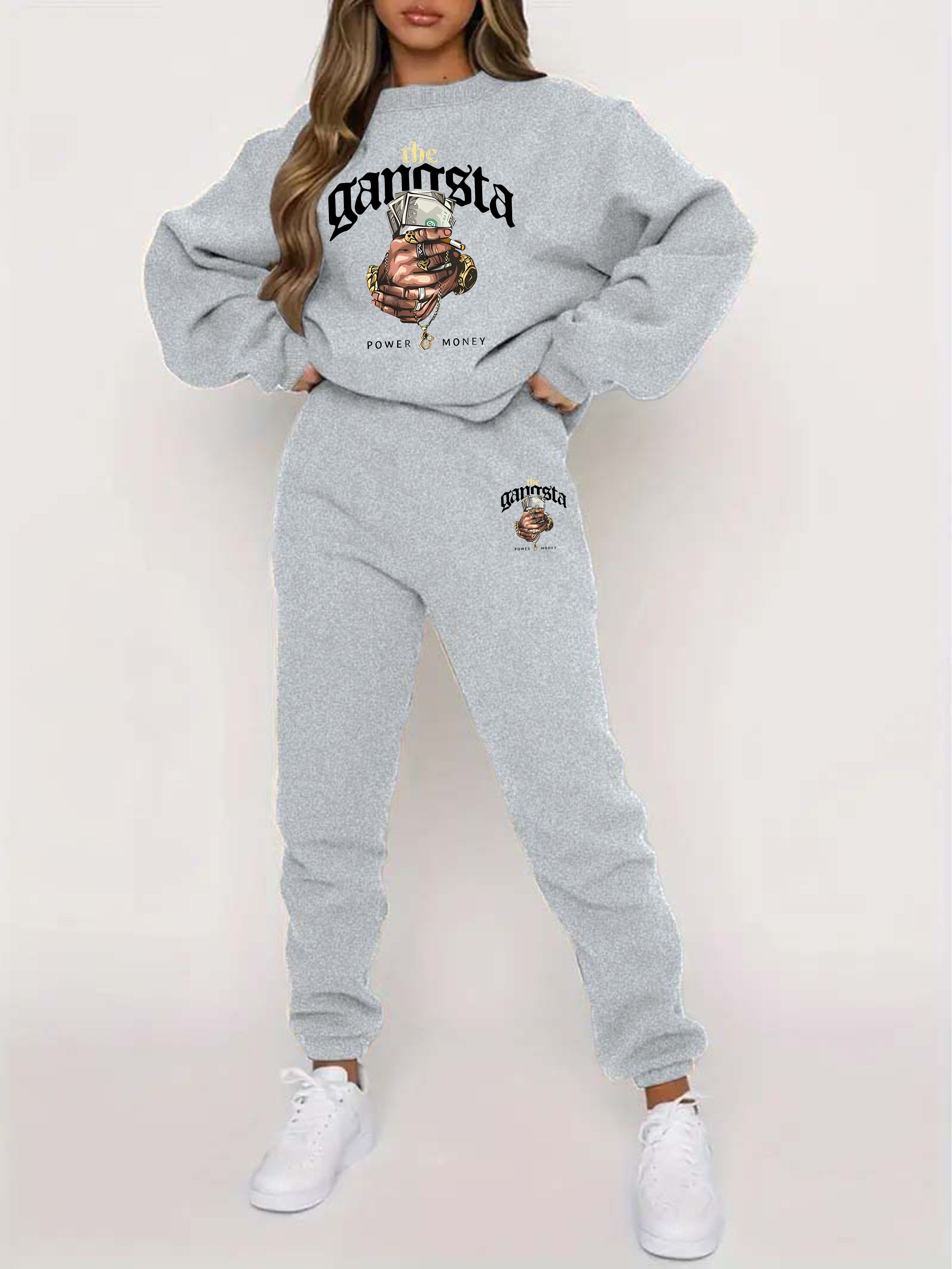 Two-Piece Pants Set - Casual Graphic Print, Warm Fleece, Long Sleeve Crew Neck Pullover Shirt, Skinny Elastic Waist Pants, Women's Clothing Outfits for Everyday Wear
