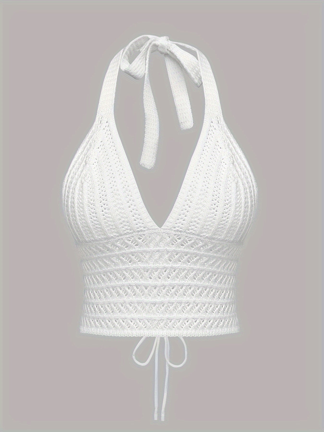 Solid Cross Tie Back Halter Top, Versatile V-neck Backless Crop Knitted Top, Women's Clothing
