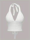 Solid Cross Tie Back Halter Top, Versatile V-neck Backless Crop Knitted Top, Women's Clothing