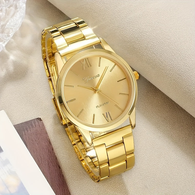 5pcs/set Women'S Watch Luxury Golden Quartz Watch Rome Fashion Stainless Steel Wrist Watch & Bracelets, Gift For Mom Her