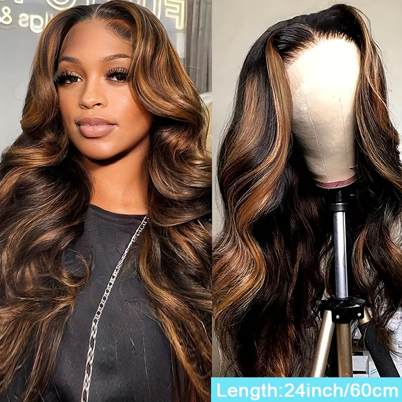 Ombre Lace Front Wig Human Hair Glueless 200 Density Blonde Highlight Wig Human Hair Pre Plucked 4/27 Highlight Lace Front Wigs Human Hair 5*5 HD Lace Brown Highlighted Wig Body Wave (Piano Colored Wig)