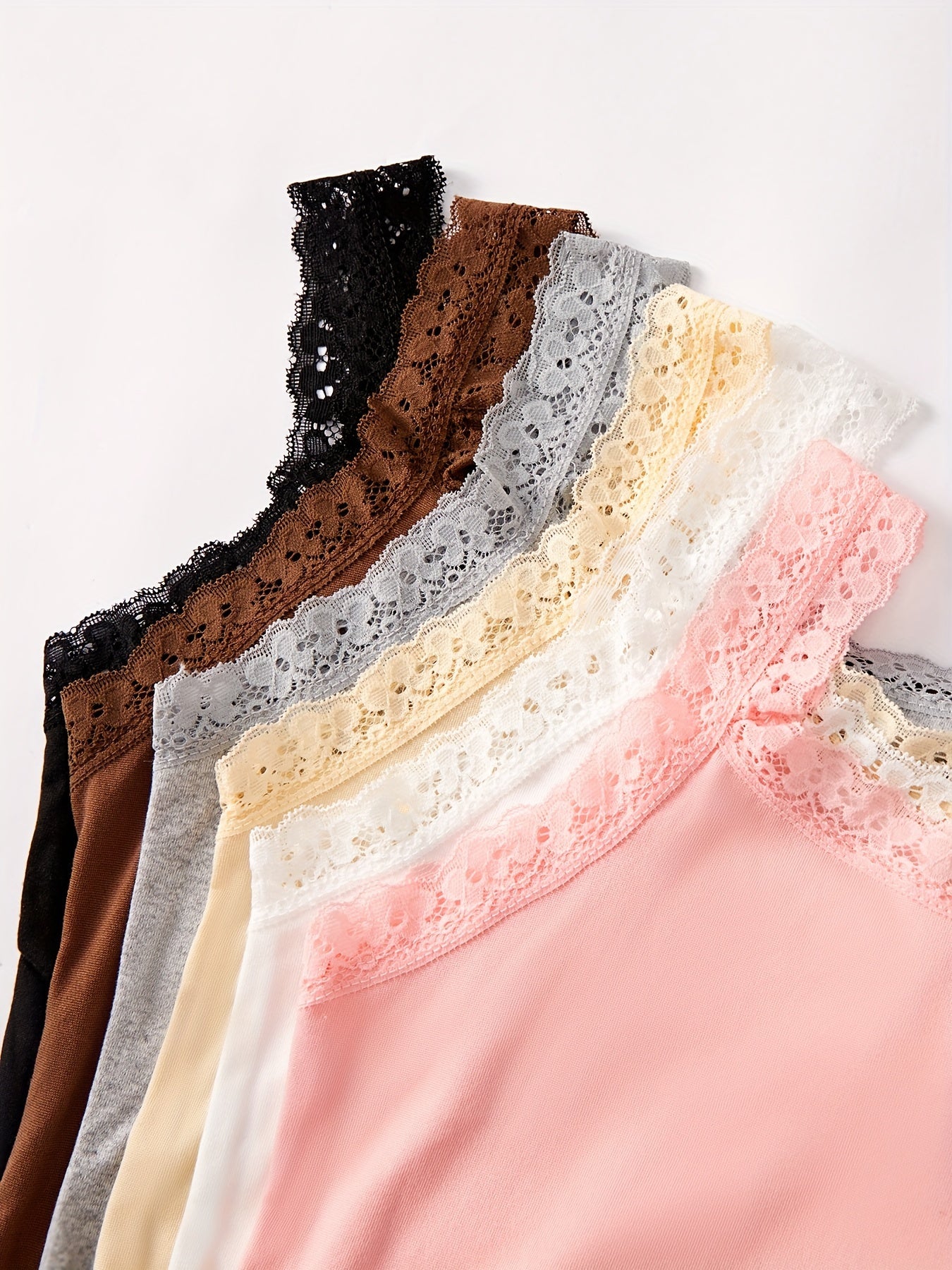 6pcs Autumn & Winter Thin Sleeveless Solid Lace Trim Vest, Versatile Crew Neck Vest Top, Women's Lingerie