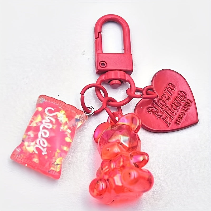 Chic Acrylic Bear & Heart Keychain Set with Ring - Candy-Themed Bag Charms, Perfect for Women's Fashion, Student Backpacks & Christmas Decor