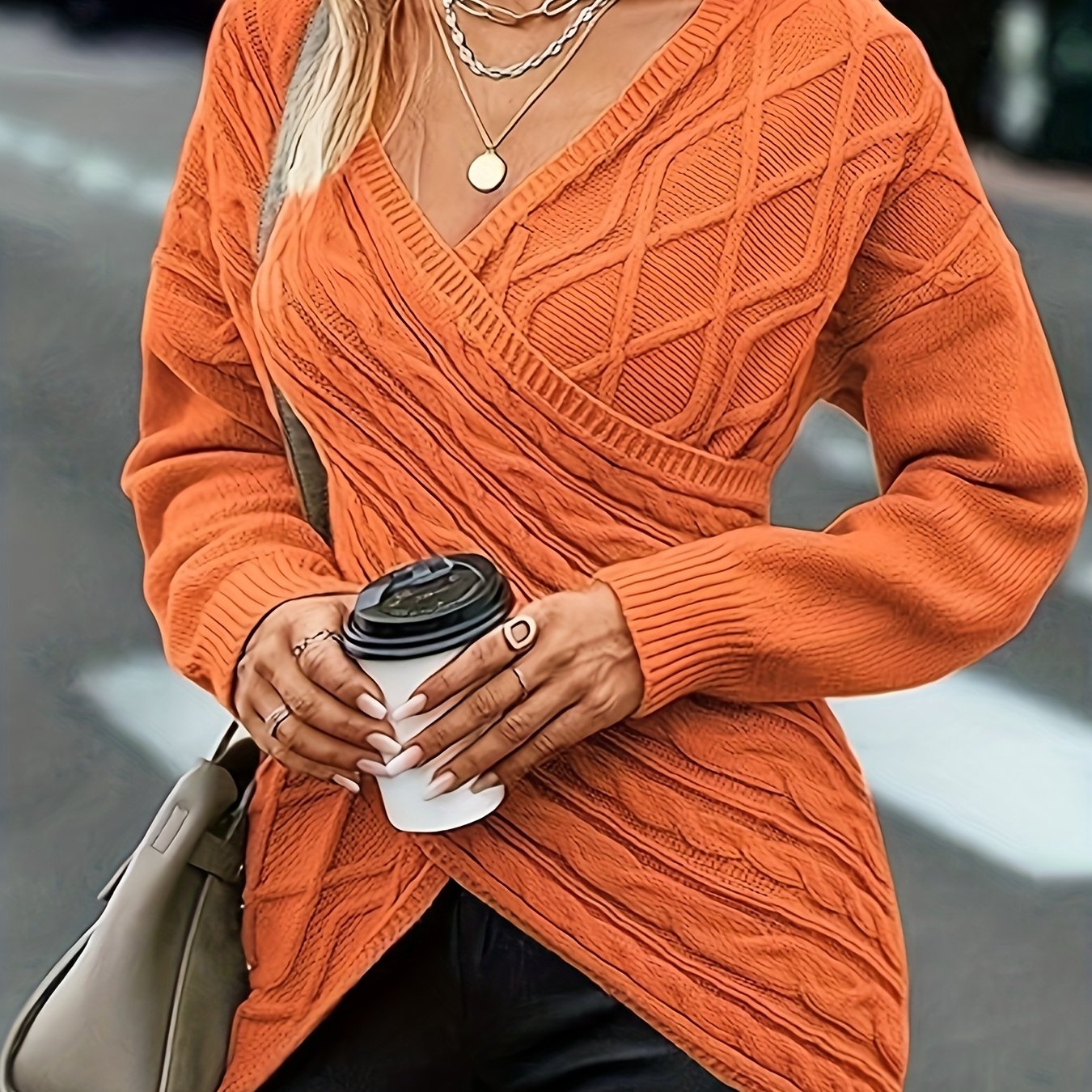 Cable Knit Cross Front Sweater - Elegant Long Sleeve Sweater For Fall & Winter - Women's Clothing - Soft & Cozy Knit Material - Perfect Gift for Women