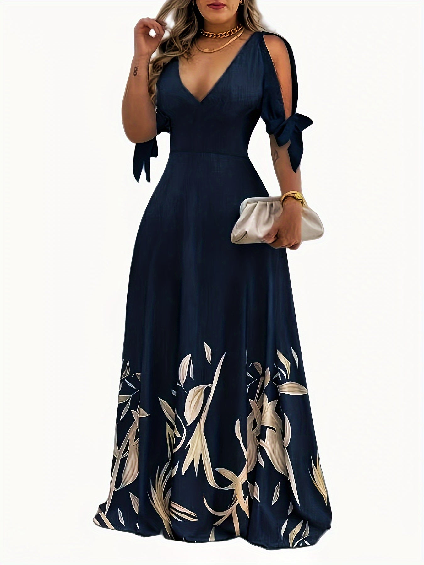 Charming Floral Print V Neck A-line Dress - Lightweight & Flattering for Spring & Summer - Casual Split Hem Design - Ideal Womens Fashion Wardrobe Staple