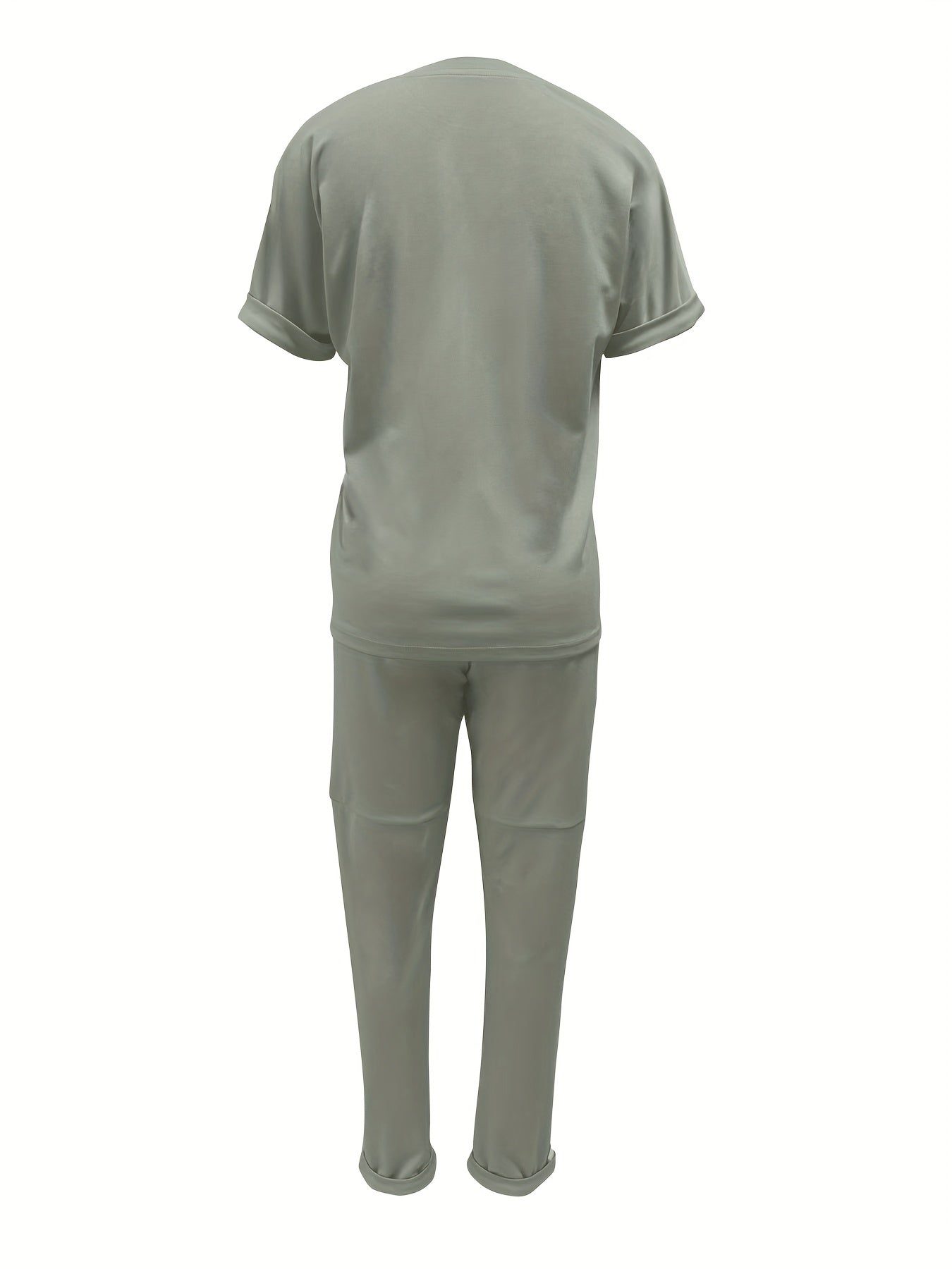Women'S 2pcs Polyester Athletic Set, Crew Neck Short Sleeve Top with Roll-Up Sleeves and Solid Color Pocket Design, Regular Fit Joggers with Belt, Woven 100g/m² Fabric, Spring/Fall Casual Wear