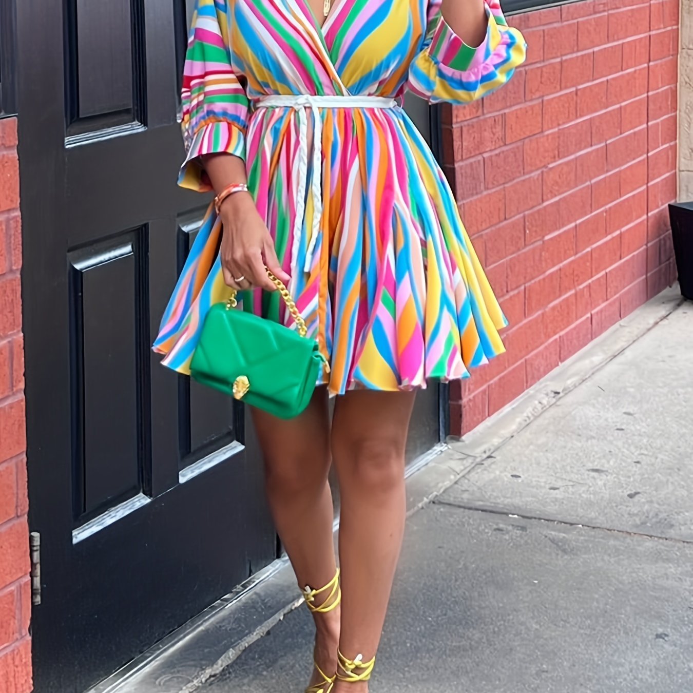 Colorful Striped V-Neck Dress with Belt - Casual A-Line, Long Sleeve, Machine Washable Polyester Blend - Vibrant Streetwear Style for Women