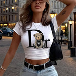 Women's Vibrant Red Bear Graphic Print Crop Top - Soft Polyester Blend Casual Short Sleeve Summer Shirt, Lightweight Fabric, Machine Washable, Casual Attire, Teddy Bear Design, Comfortable Fit