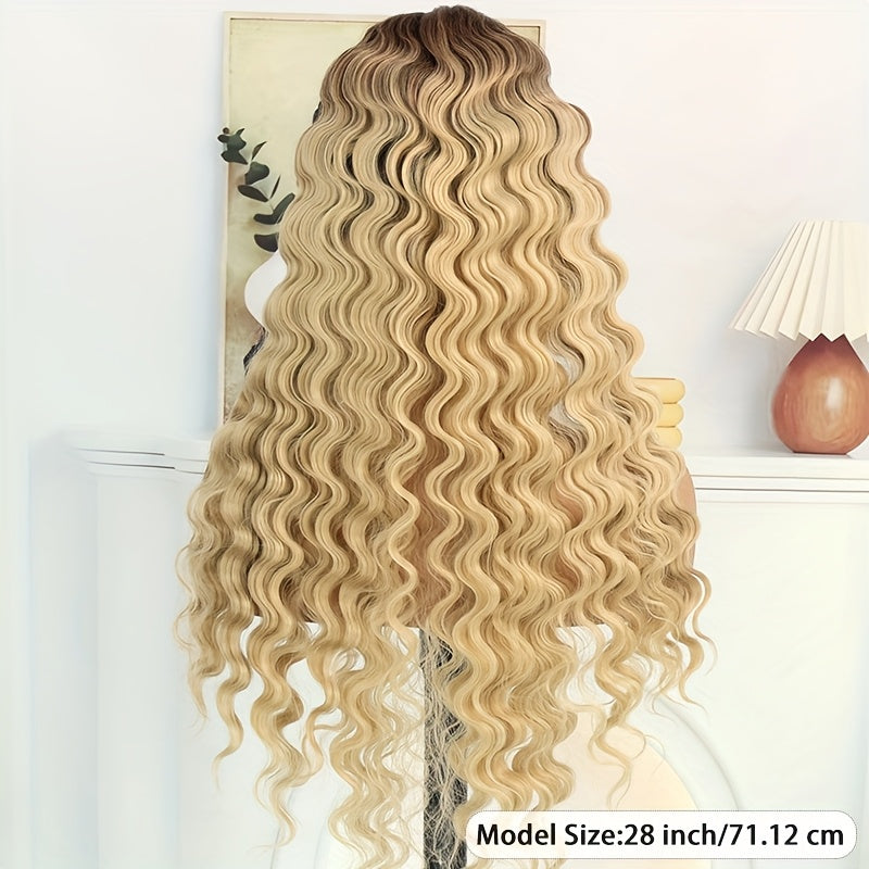 13x4 613 Lace Front Wigs Ombre Brown Roots To Blonde Pre-plucked 180% Density Luscious Blonde Deep Wave Wig HD Transparent Frontal Wig Glueless Lace Front Wigs For Women Girls Party Vacation Daily Used 28inch