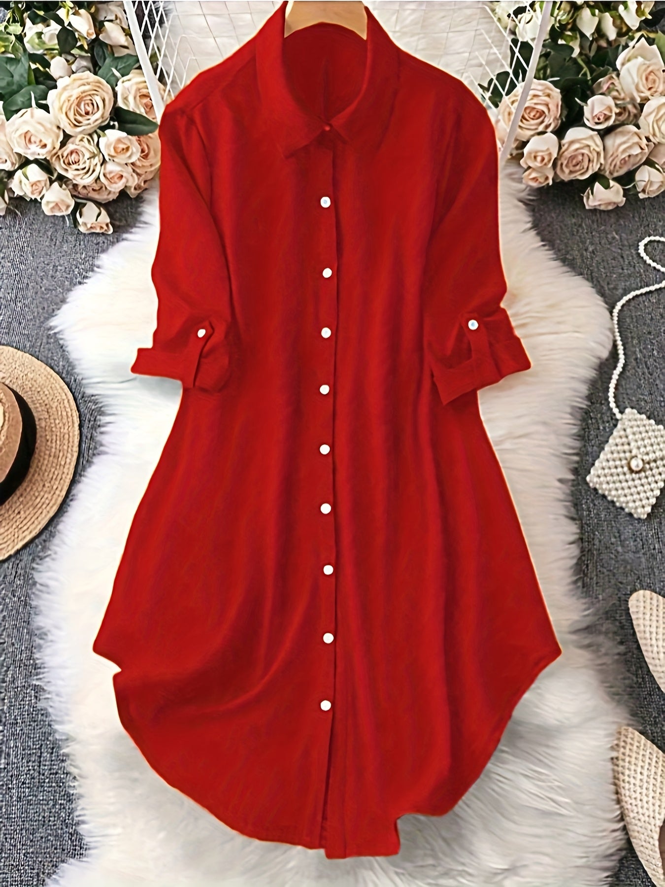 Women'S Light Blue Dress Shirt with Front Buttons and Sleeves - Casual Crew Neck, Long Sleeve, Solid Color, Polyester, Perfect for Spring and Fall, Ladies Dress
