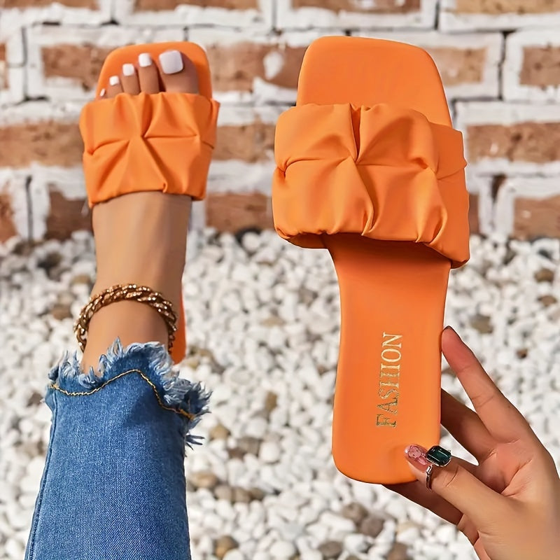 Lightweight Women's Slide Sandals, Pleated Design Casual Square Open Toe Flat Summer Shoes