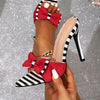 Women's Red & White Striped Bowknot High Heel Sandals - Pointed Toe, Slip-On Stiletto Heels with Fashion Strap, Elegant Summer Party Shoes, Dressy Sandals | Elegant Stilettoes | Rubber Sole Footwear