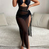 Solid Color Sexy 2 Piece Set Bikini, Halter Neck Contrast Mesh Dress & High Cut Panty Swimsuits, Women's Swimwear & Clothing