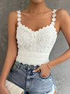 Elegant White Lace Women's Tank Top - V-Neck, Sleeveless, Semi-Sheer Polyester Blend with Delicate Floral Patterns, Perfect for Casual Wear - Machine Washable