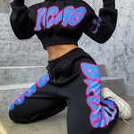 Women'S Spring/Fall Hooded Sweatshirt and Pants Set, Polyester 98% Elastane 2%, Alphabet Pattern, Knit Fabric, 250g/m² - A3964