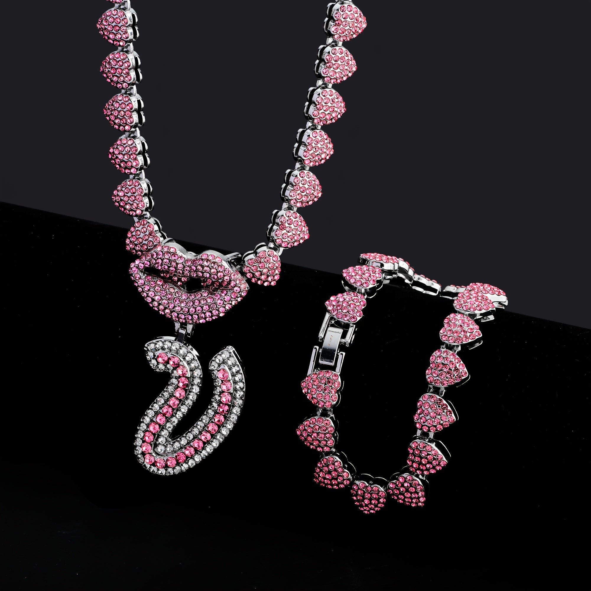 Hip Hop Y2K Style Pink Sexy Lips Pendant Necklace and Bracelet Set, A-Z Initials, Rhinestone Inlay, Zinc Alloy, Perfect for Daily Wear or Parties, Ideal Valentine's Day Gift for Men and Women, Hip Hop Jewelry