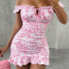 Women's Sexy Off-Shoulder Floral Mini Dress with Ruffled Hem & Waist Detailing - Pink & White Floral Print, Ruched Design, Sleeveless Bodycon Style for Spring/Summer, Casual Wear | Feminine Style | Comfortable Fit, Cute Dress