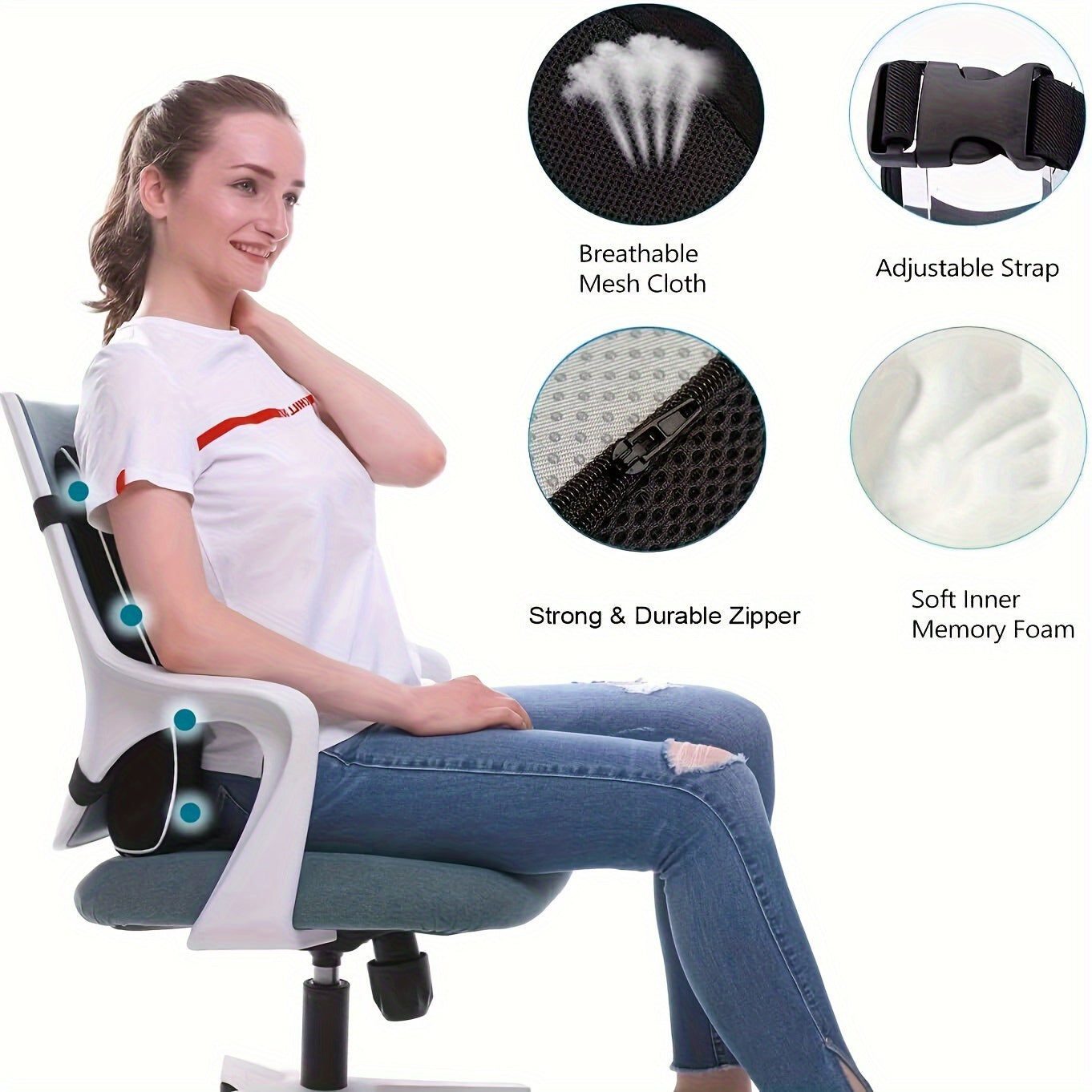 Ergonomic Lumbar Support Pillow for Office Chairs, Cars & Gaming - Memory Foam Cushion with Adjustable Mesh Cover Straps to Improve Posture