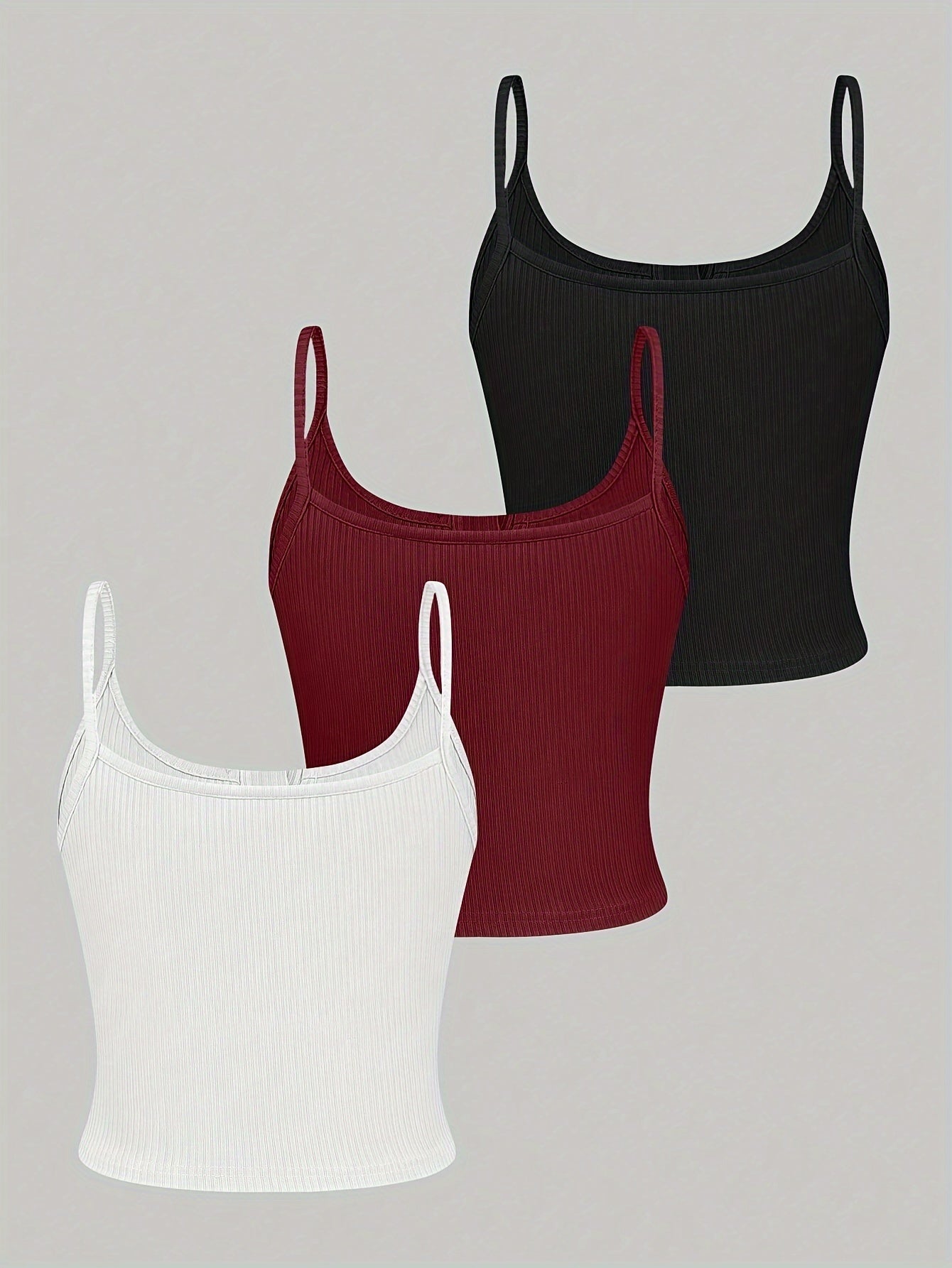 3pcs Set Women'S Knit Polyester Tank Tops with Button Detail, Casual Solid Color Slingback Camisoles, 95% Polyester 5% Elastane, All-Season Spaghetti Strap Tops