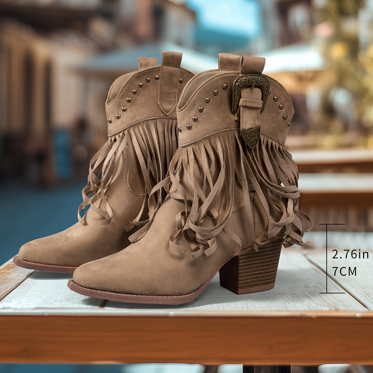 Chic Women's Mid-Calf Western Cowboy Boots with Tassel & Studded Details, Pointed Toe, Chunky Heel - Slip-On Casual Style