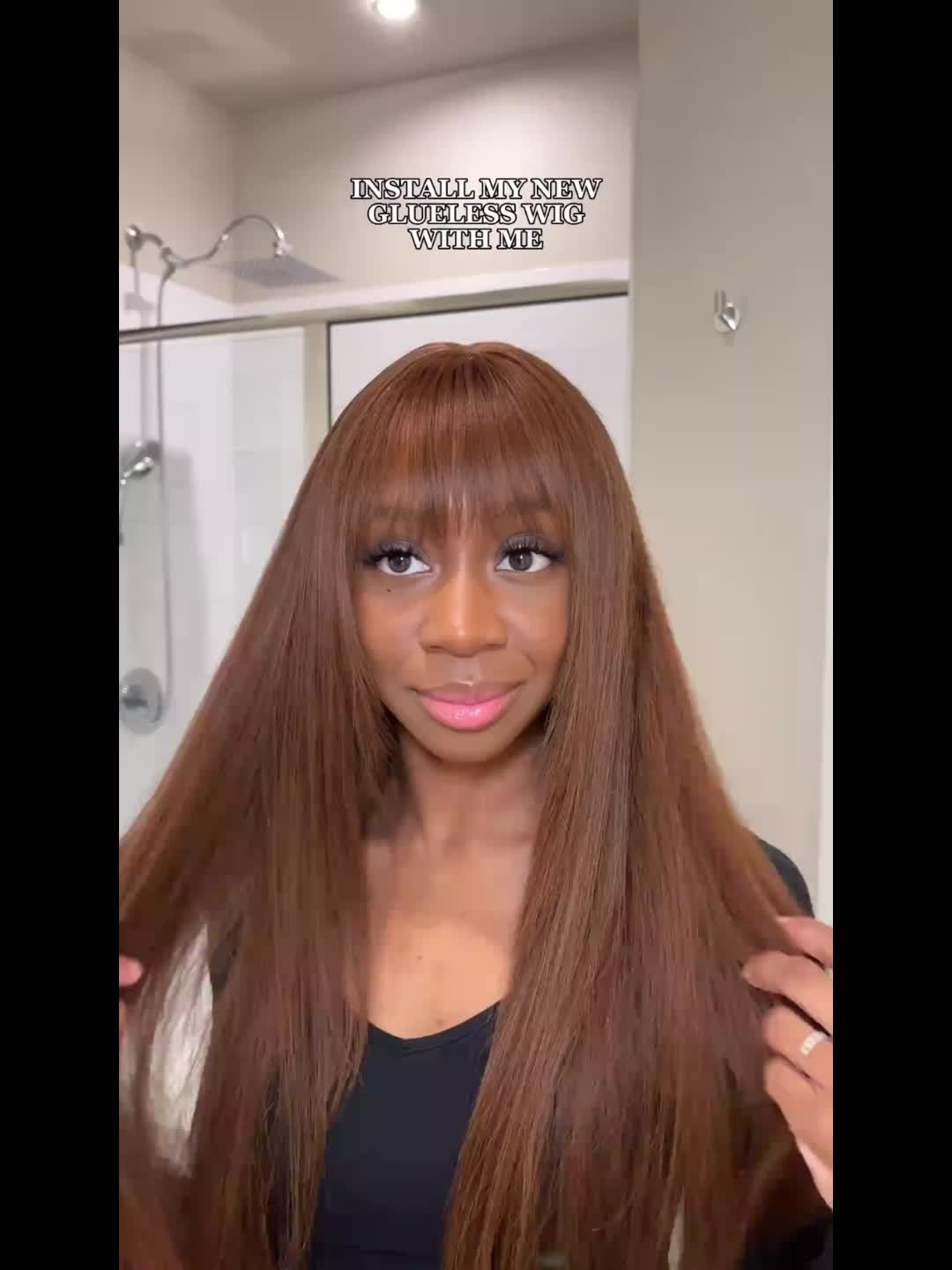 KLAIYI #4 Brown Yaki Straight Human Hair Wig with Bangs & Layered Cut - 100% Brazilian Virgin Human Hair, 150% Density Glueless HD Lace Front, Middle Part, 22.5" Cap Size, Tangle-Free, No Shedding, Air-Dry Friendly for Women