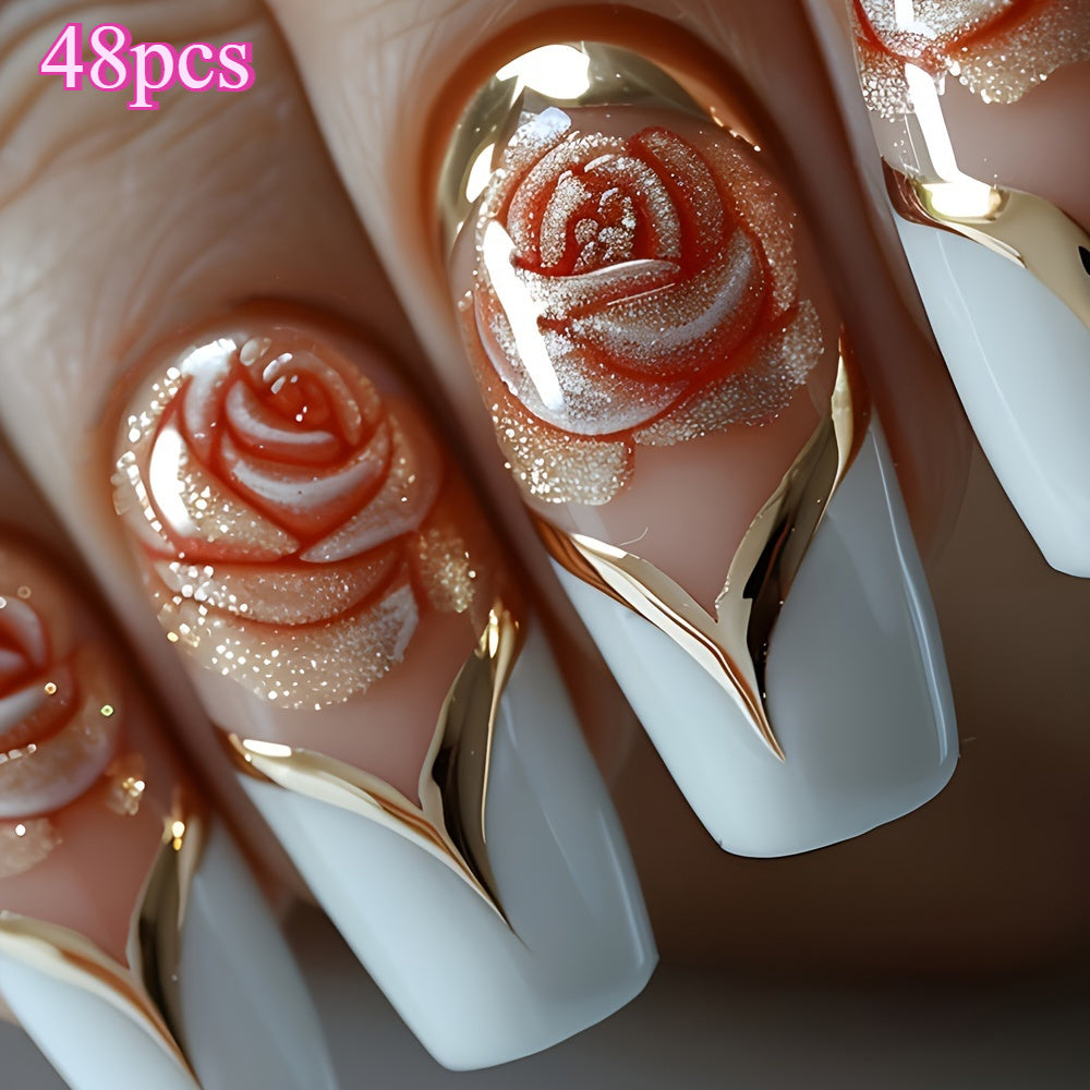 48pcs Bright Ballet Wind Pressure Acrylic Nails, Pink Flowers And Golden Stripe Design-Reusable, Ladies' Shiny Fake Nails Is Suitable As a Beautiful Gift for Each Other on Valentine'S Day.
