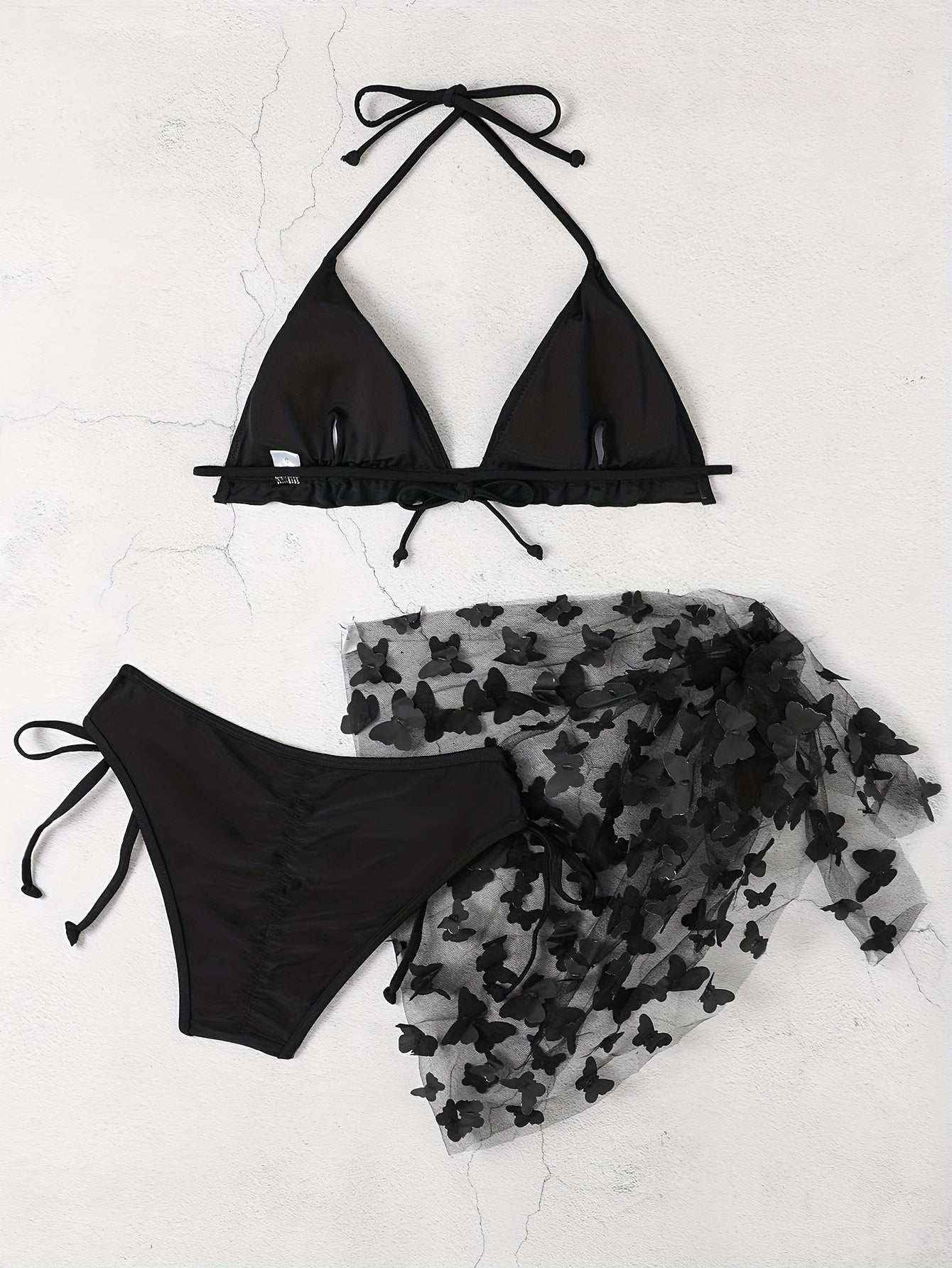 Solid Color Butterfly Applique 3 Piece Set Swimsuits, Triangle Halter Tie Strap Lettuce Trim Bikini, Women's Swimwear & Clothing