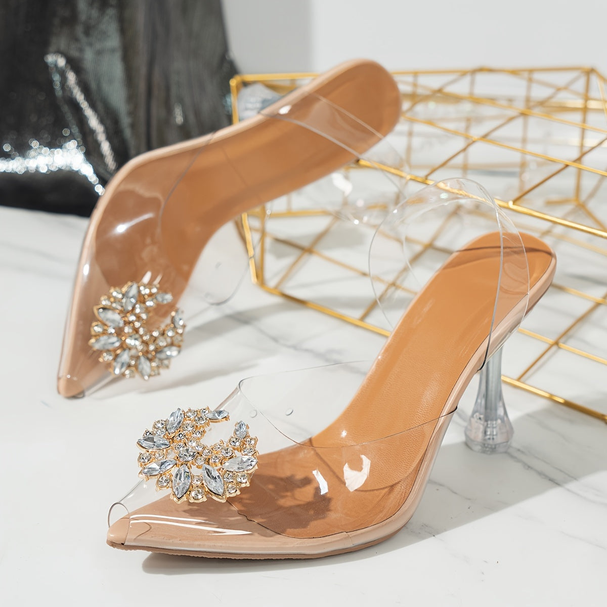 Women's Transparent Upper Stiletto Heel Sandals, Sexy Pointed Toe Slip-On Pumps with Rhinestone Embellishments, Clear Strap High Heels for Summer Fashion