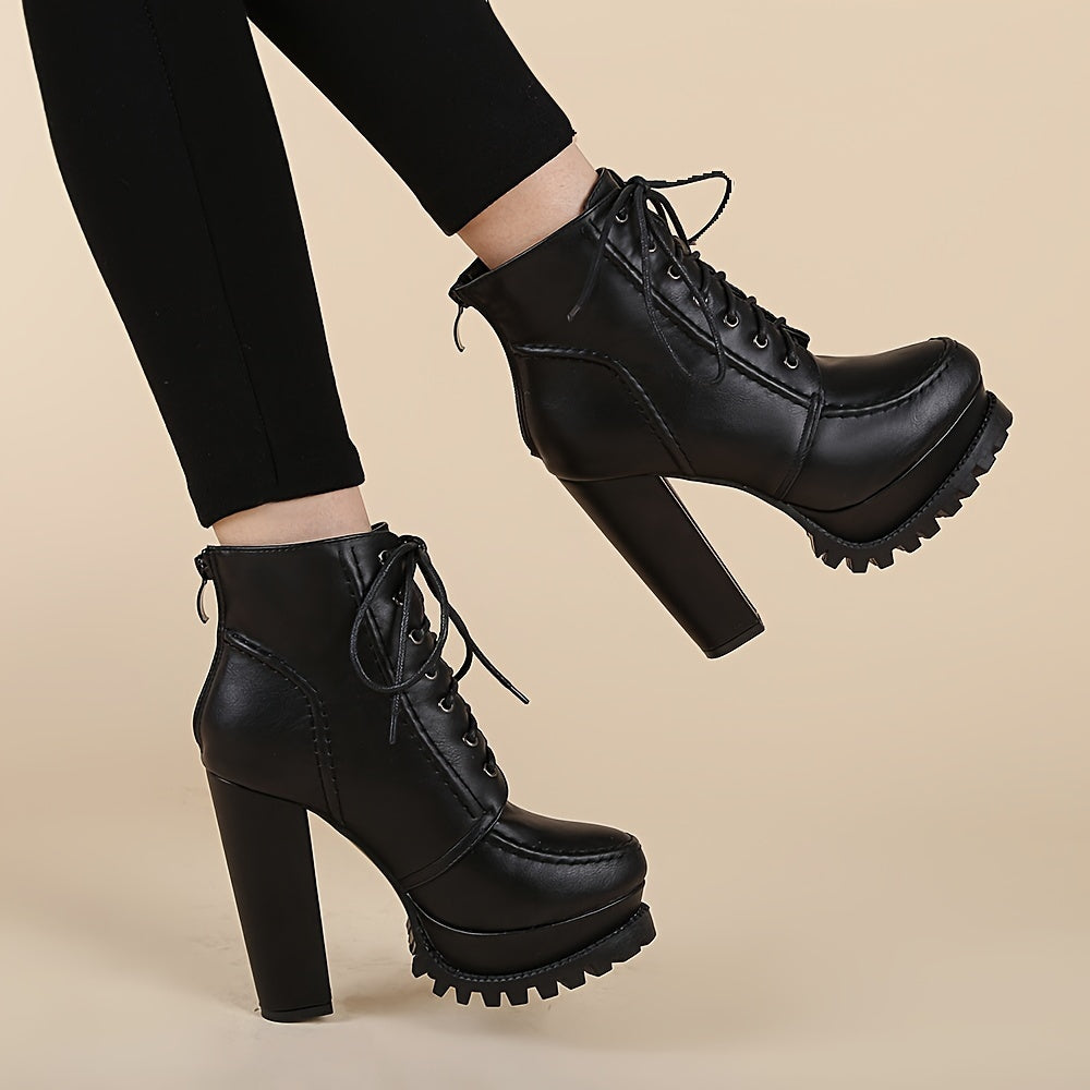 Fashion Ankle Booties for Women - Round Toe Lace-Up Block Heel Boots, Solid Color, Man-Made Upper, Fabric Lining, Rubber Sole, Fabric Insole, with Waterproof Platform - For Women - Suitable for All Seasons - Perfect Gift for