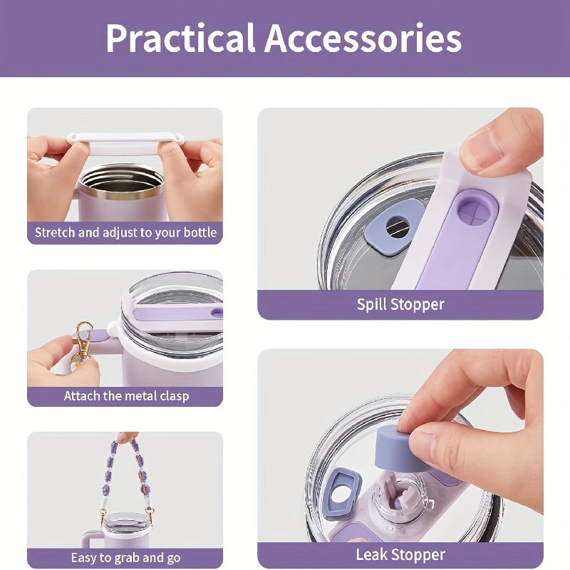 Exquisite 8pcs Cup Accessory Set 40 Ounces: Our Cup Accessory Set Includes Silicone Straw Cap, Rubber Cup Ring, Pearl Chain, Keychain, Bottle Boots, Heart-shaped Keychain, And Heart-shaped Hook, Stylish And Of Excellent Quali