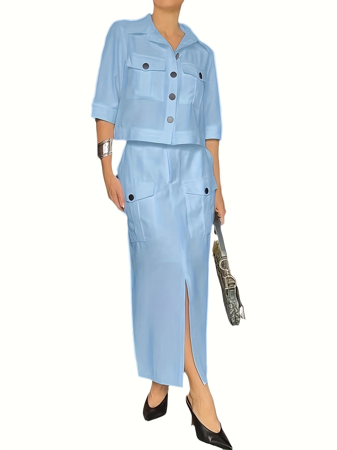 Elegant Light Blue Women'S Summer Casual Flap Collar Dress Set - Sleeveless Top with Pockets, High-Waisted Skirt with Slit, Stylish Black Heels, Perfect for Spring and Summer, Casual Attire|Modern Casualwear|Pocketed Skirt