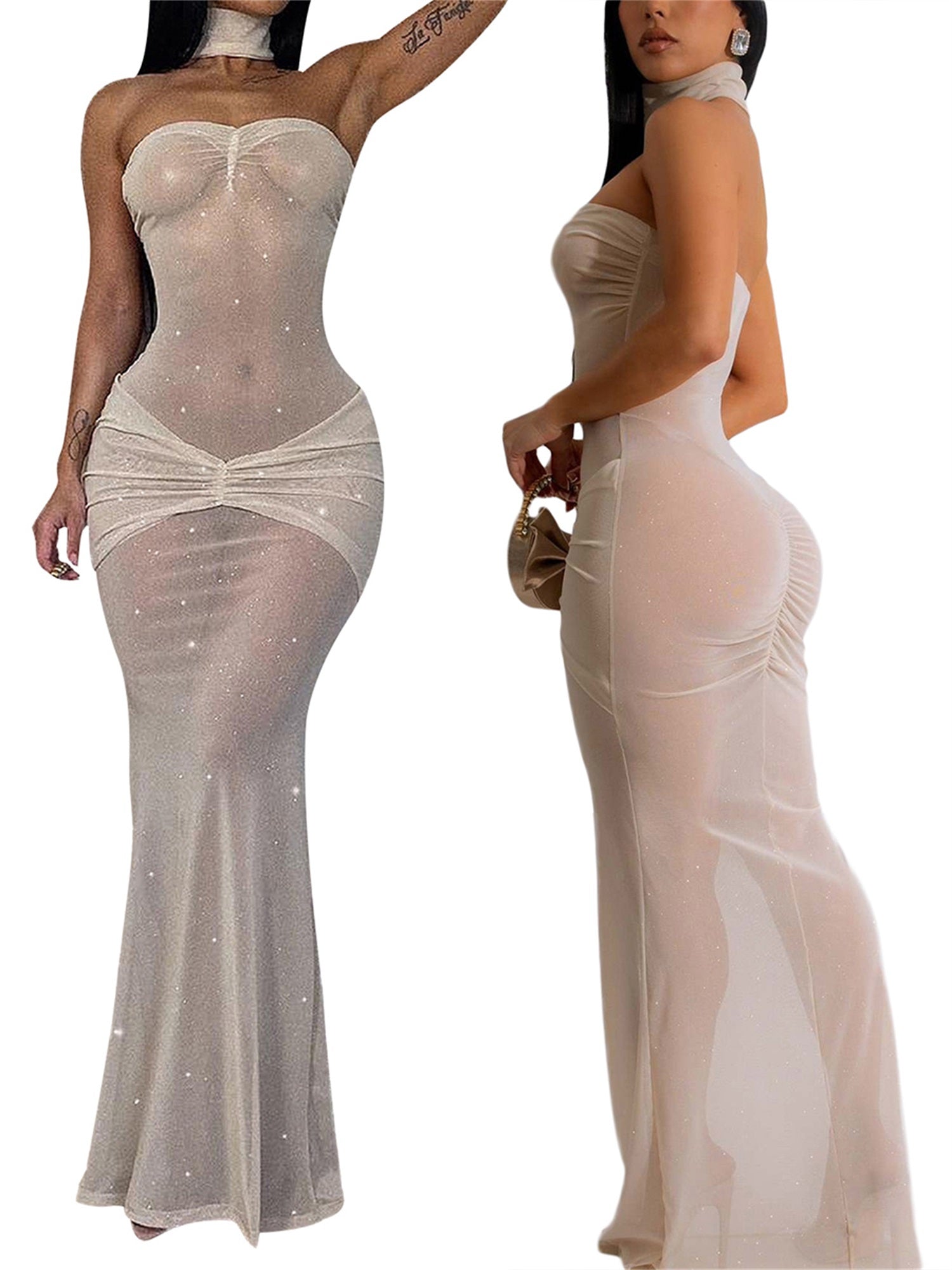 Women'S Sheer Nightdress Shiny Sequin Strapless Bodycon See Through Long Mermaid Dress with Neck Choker