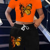 2-Piece Women's Butterfly Print Short-Sleeve Top and Shorts Set - Vibrant Orange & Black Geometric Pattern, Polyester Blend, Casual Spring/Summer Outfit, Spring Casual Wear | Vibrant Fashion | Smooth Texture Finish