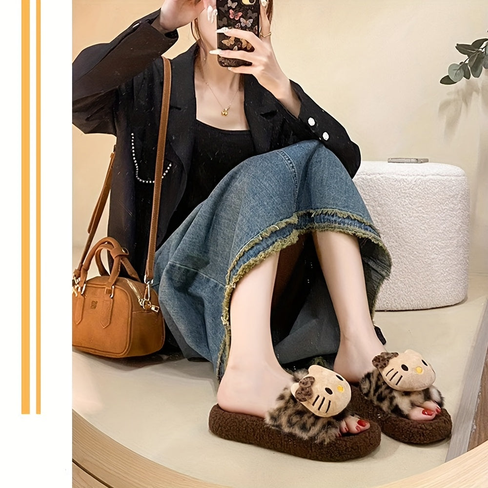Sanrio Cute Leopard Print Hello Kitty Slippers For Women Autumn And Winter Home Indoor Non-slip Cute Thick Sole New Style Outdoor Wear High Value Warm Fur Leopard Print Slippers