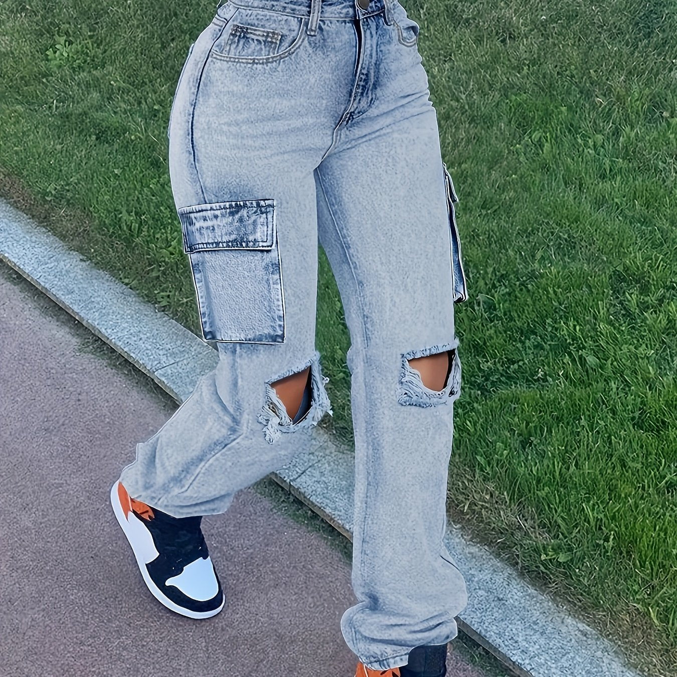 Women's Cut And Worn Pocket Wide Leg Jeans, Casual Street Style Low Waist Loose Boyfriend Jeans, Casual Loose Jeans