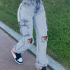 Women's Cut And Worn Pocket Wide Leg Jeans, Casual Street Style Low Waist Loose Boyfriend Jeans, Casual Loose Jeans