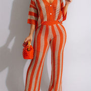 Chic Color Block Knit Top & Pants Set - V-Neck, Hollow-Out Detail, Acrylic, Striped Pattern, Single-Breasted, Vacation Ready, Casual Chic Outfit|Vneck Top|Acrylic Fabric