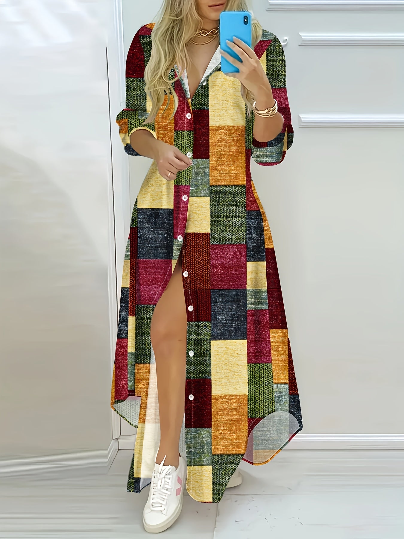 [1pc Vintage-Inspired Geometric Pattern Shirt Dress] Vintage-Inspired Geometric Pattern Shirt Dress with Lapel Collar, Long Sleeves, Button Details - Polyester Fabric, Woven Spring/Fall Midi Dress for Adults