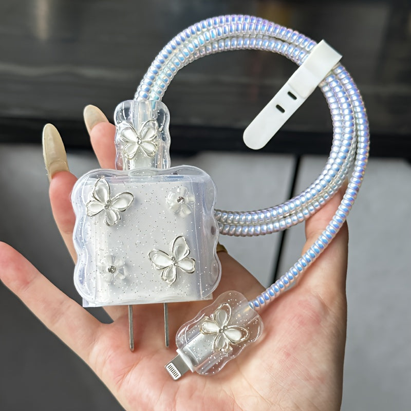 5-Piece Set 3D Cartoon Crystal Butterfly Design Charger Protector Cover Suitable for Apple 18W/20W Adapter, TPU Cable Protector Sleeve with Phone Cable Spiral Protection Accessories