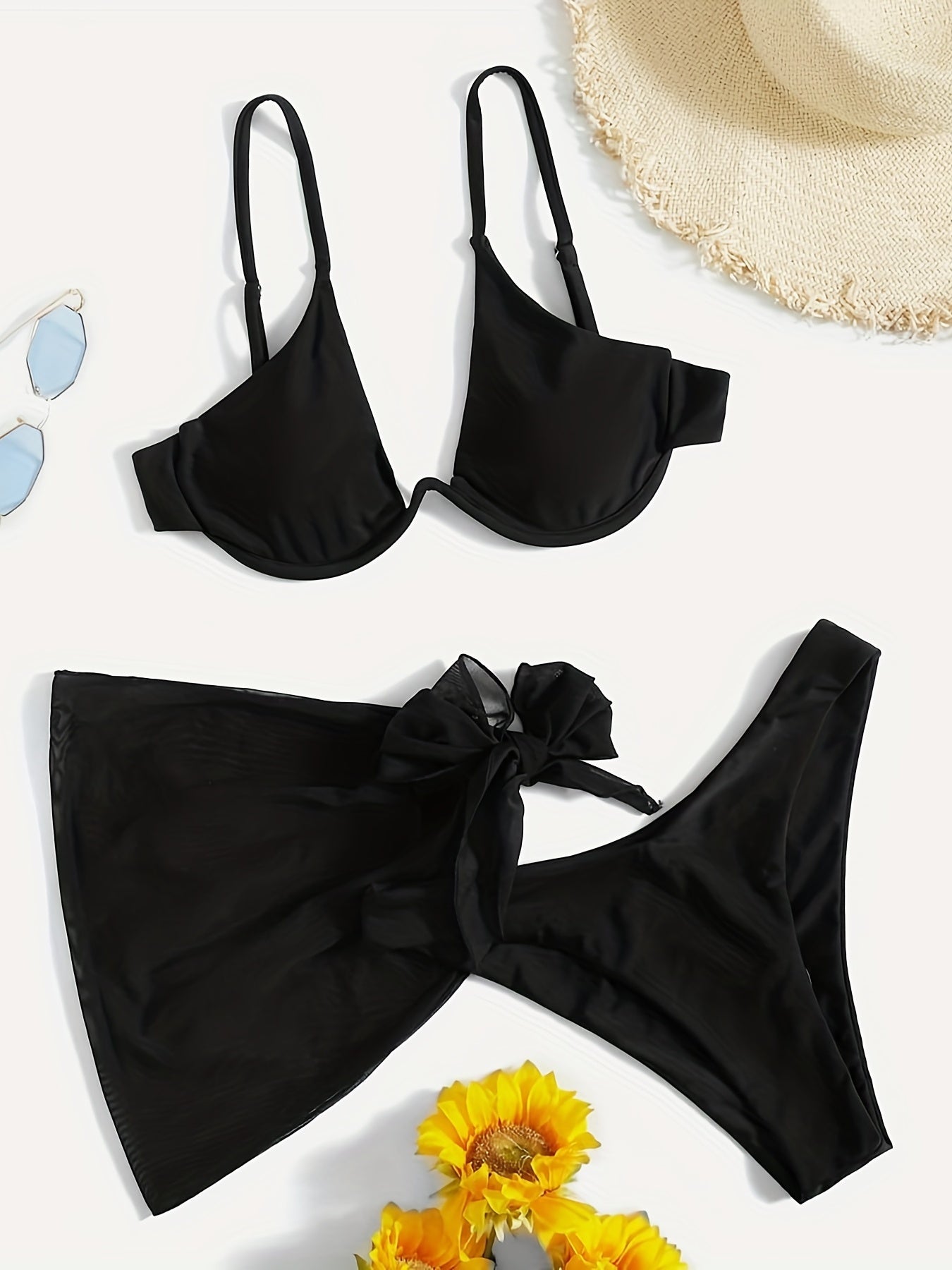3 Piece Set Deep V Neck Stretchy Wrap Solid Color Spaghetti Strap Bikini With Mesh Tie Side Cover Up, Women's Swimwear & Clothing