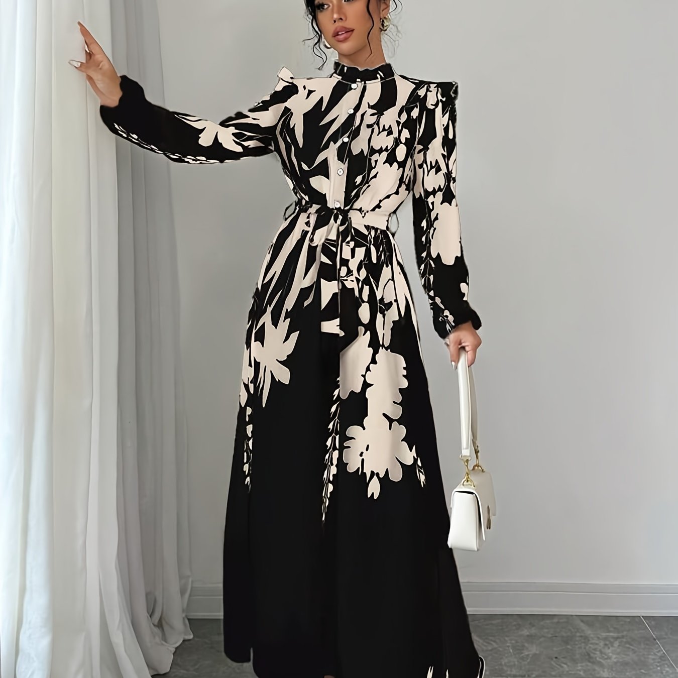 Long Sleeve Polyester A-Line Maxi Dress with Elegant Floral Print, Stand Collar, Waist Detail, Lantern Sleeves, and Ruffle Hem for Spring/Fall